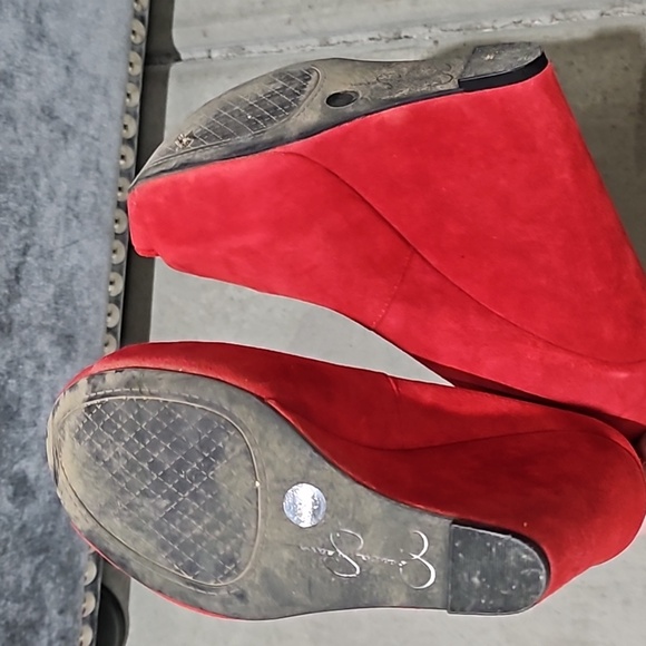 Red Suede Peep Toe Wedge Heels - Picture 5 of 5